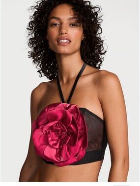 Victoria's Secret Black Sheer Corset Top with Red Rose Applique
